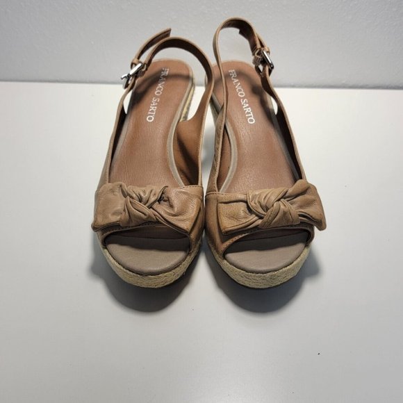 Franco Sarto Heels Womens 8 M Peep Toe Wedge Espadrille Tan Leather Slingback - Picture 2 of 7